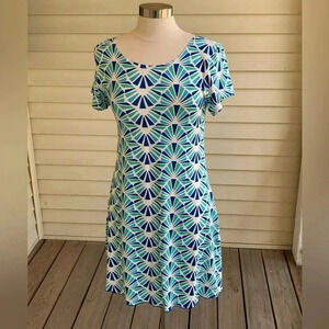Zen Knits Dress Knee Length  Abstract Geometric Fan Print Blue Green Size Medium